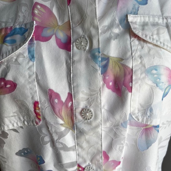Alfred Dunner Butterfly Print Button Up Shirt Short Sleeve White Floral Top - Picture 3 of 8